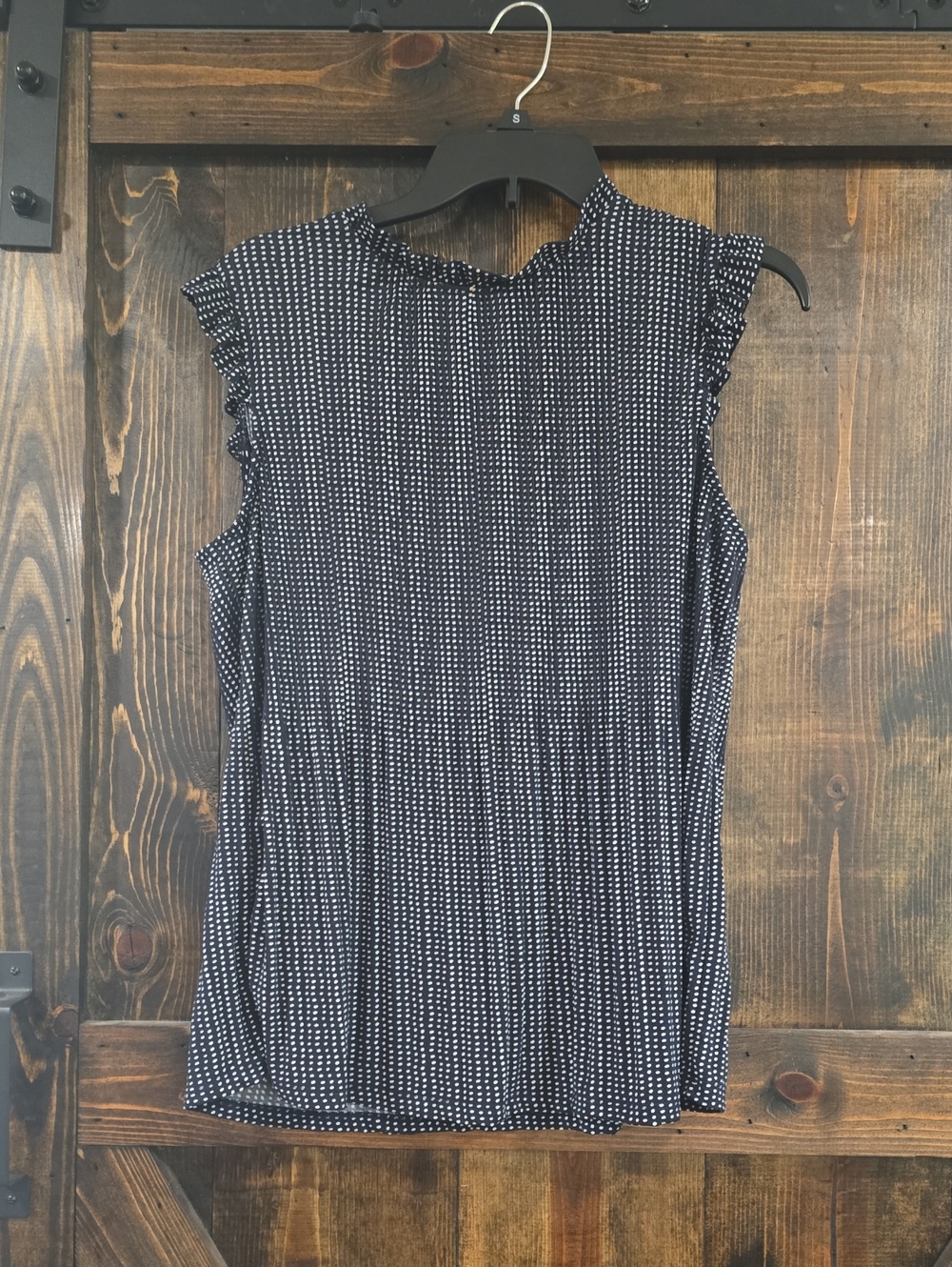 Adrianna Papell Black Top with White Dot Print and Ruffle Neck